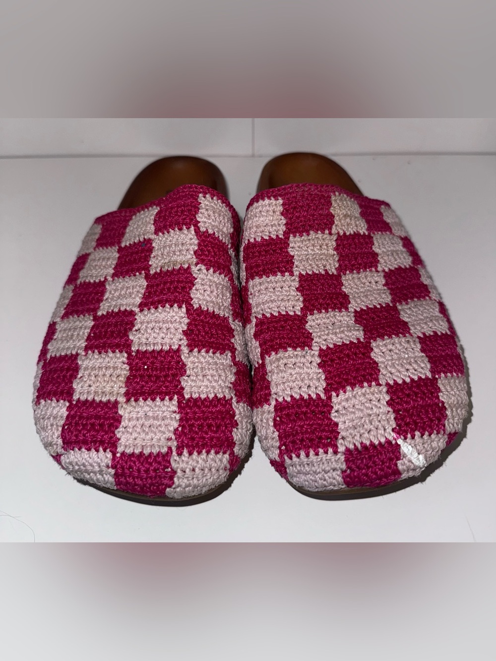 The Sak Women’s Pink Checker Crochet Slide Clogs